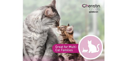 An adult cat touching noses with kitten. Text reads, "Great for Multi-Cat Families" next to an icon of a cat and kitten.
