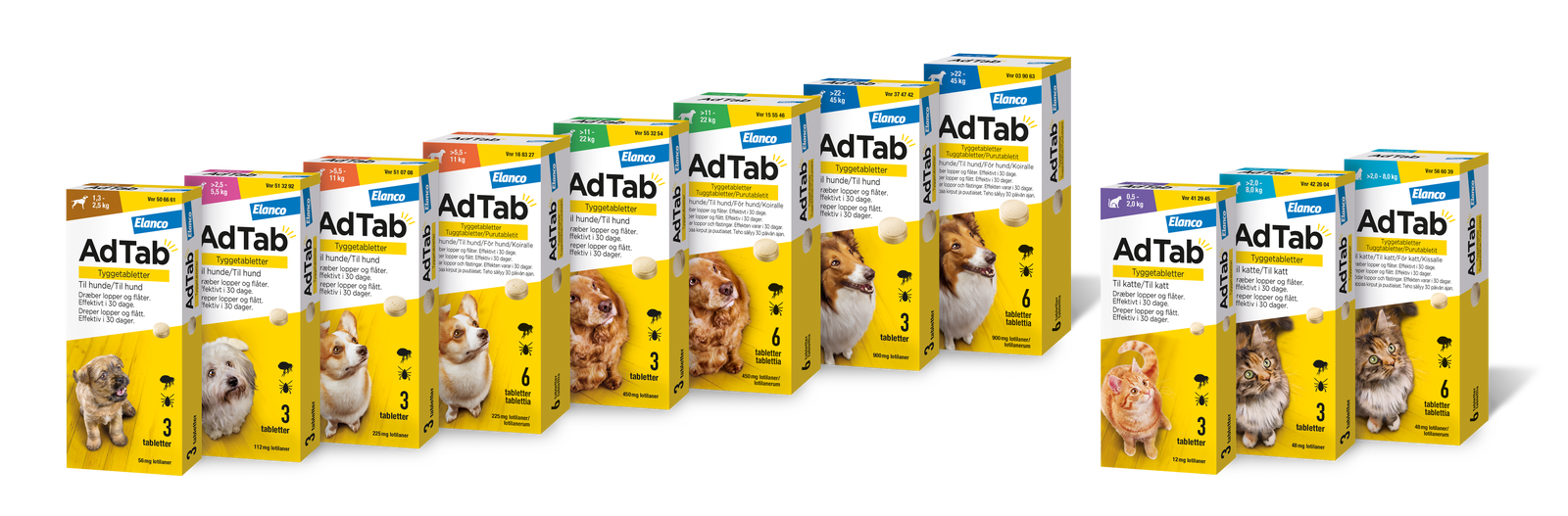 Oversigt over AdTab tyggetabletter til både hunde og katte