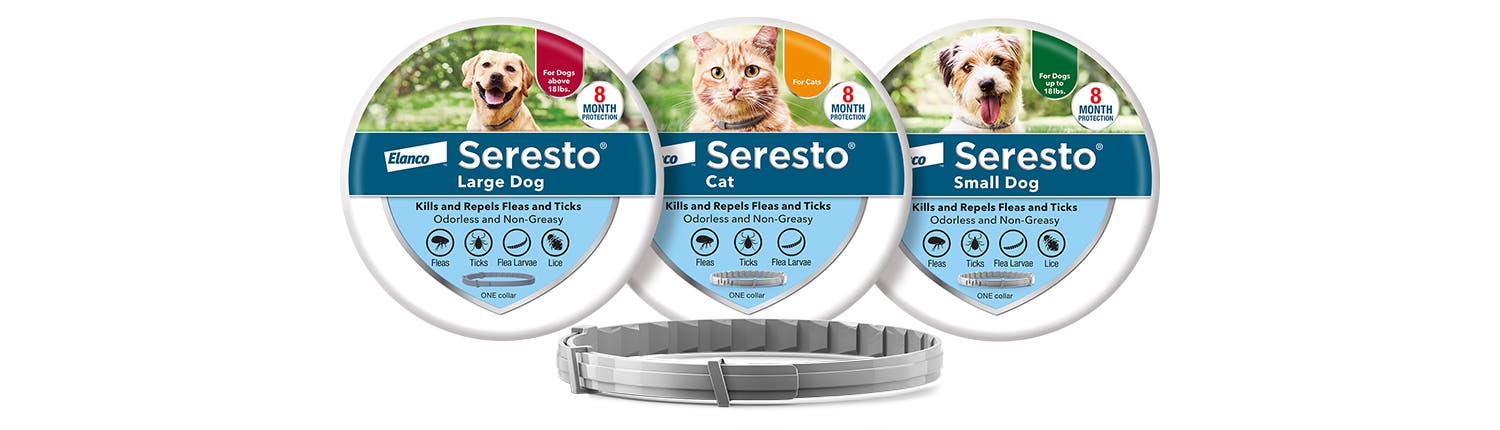 From left to right, a collection of Seresto for Cats, Seresto for Large Dog and Seresto for Small Dog product tins