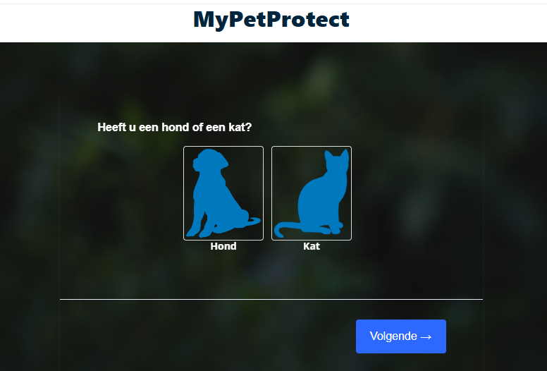 De eerste stap van de MyPetProtect quiz waar de gebruiker kiest tussen de silhouetten van een hond of een kat om de vragenlijst te starten.