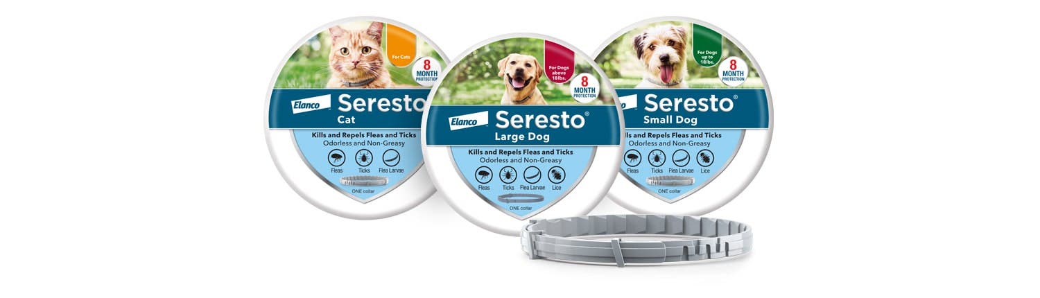 collection of Seresto for Large Dog, Seresto for Small Dog and Seresto for Cats product tins