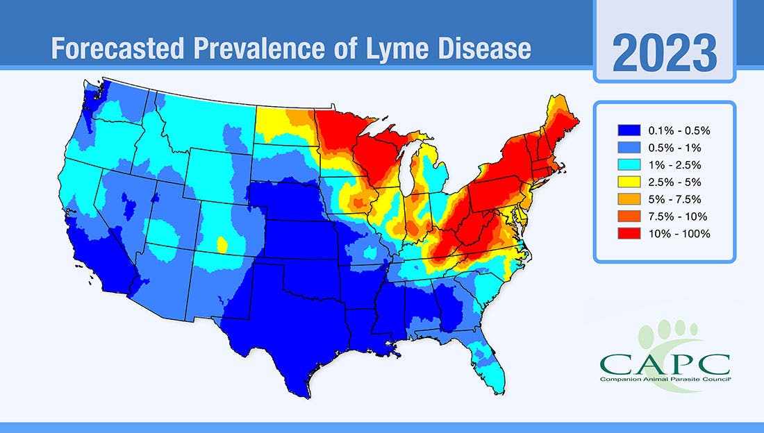 Heatmap of the United States forecasting the prevalence of Lyme Disease in 2023