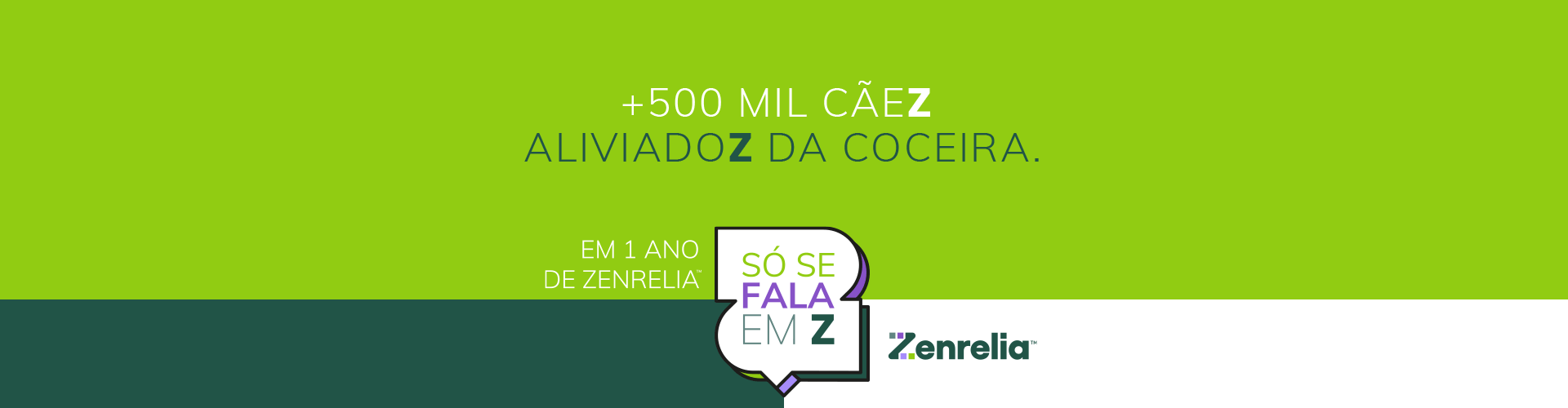 Banner desktop comemorativo de 1 ano de Zenrelia destacando mais de 500 mil cães tratados e tutores tranquilos.