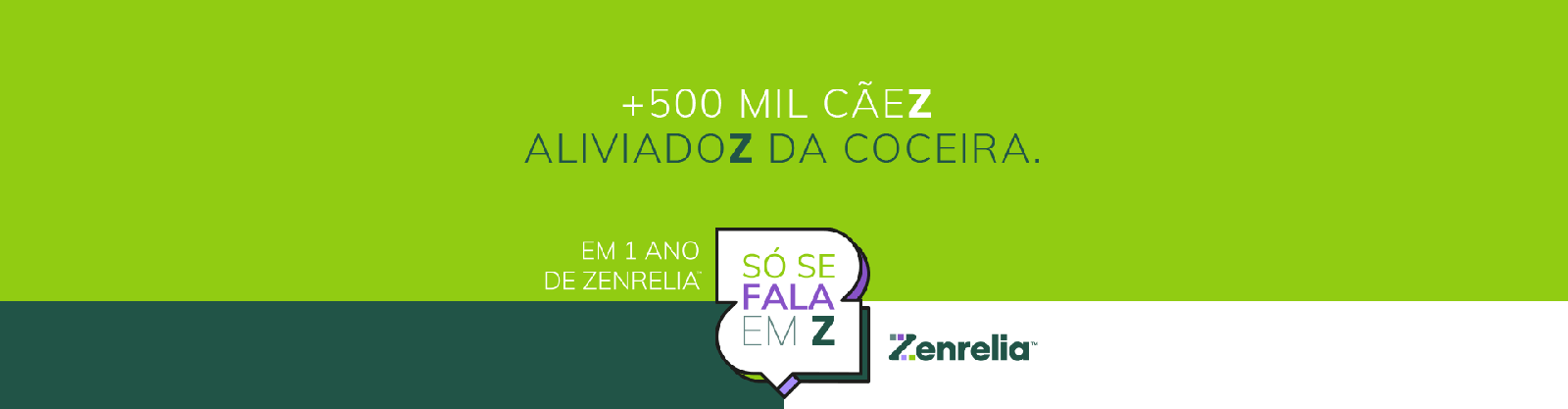 Banner desktop comemorativo de 1 ano de Zenrelia destacando mais de 500 mil cães tratados e tutores tranquilos.