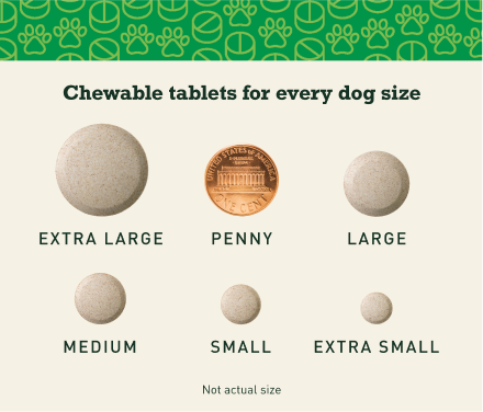 a comparison chart of the Credelio Quattro chewable tablet sizes for every dog compared to a penny