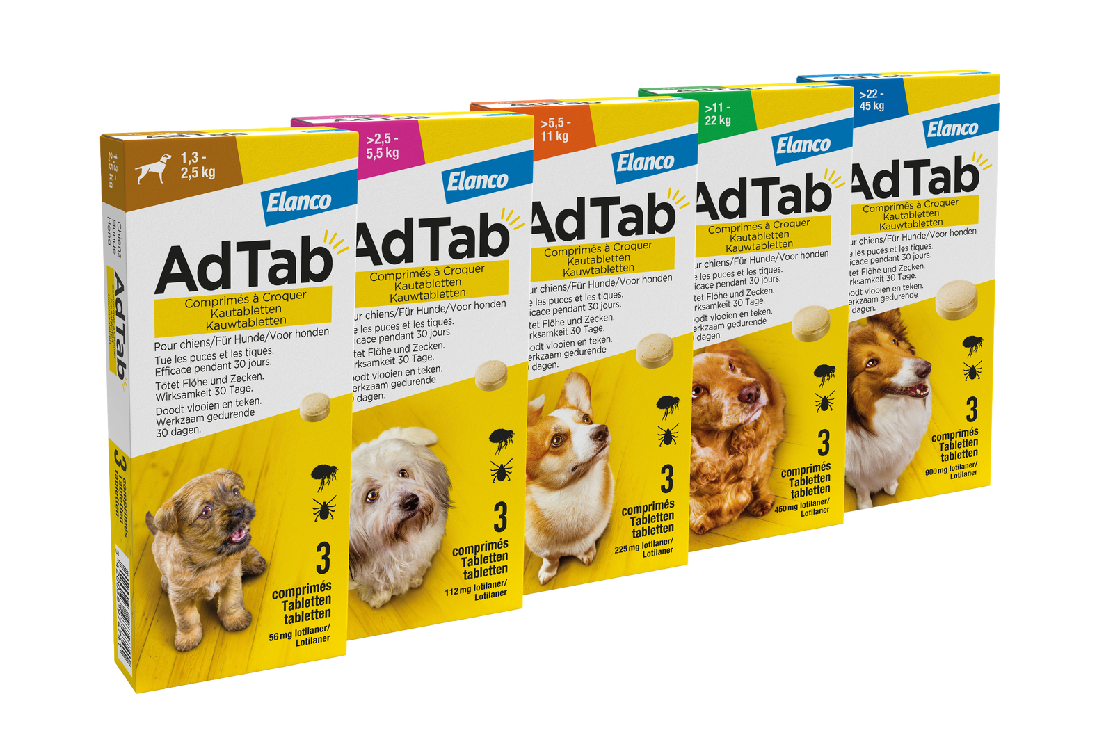 Het volledige assortiment AdTab kauwtabletten tegen vlooien en teken voor honden van 1,3 tot 45 kg