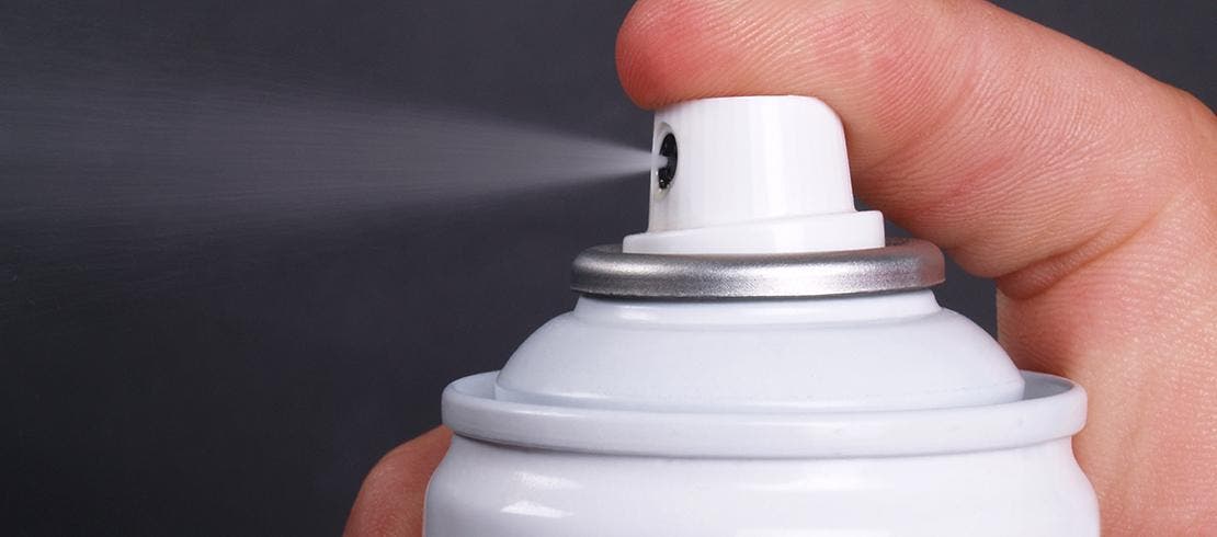 Egy kutyatulajdonos bolha elleni spray-vel fújja be otthonát, hogy megszabaduljon a bolháktól.