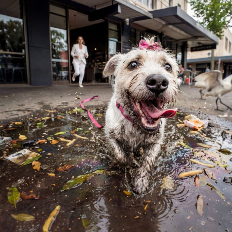 Dog running through muddy puddle