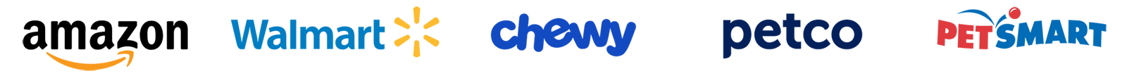 Retailer logos including Amazon, Walmart, chewy, petco and PETSMART