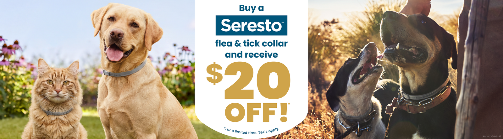 Seresto $20 Off Promotion text in banner image with cat, dog and working dogs photos.