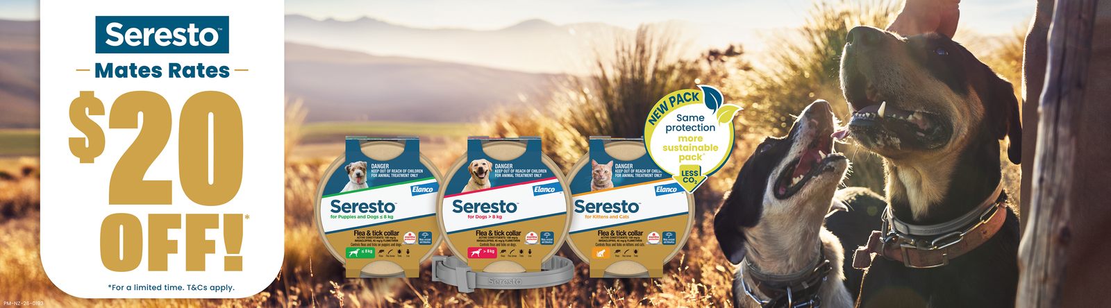 Seresto $20 Off Promotion banner image with two farm dogs wearing Seresto flea and tick collars.