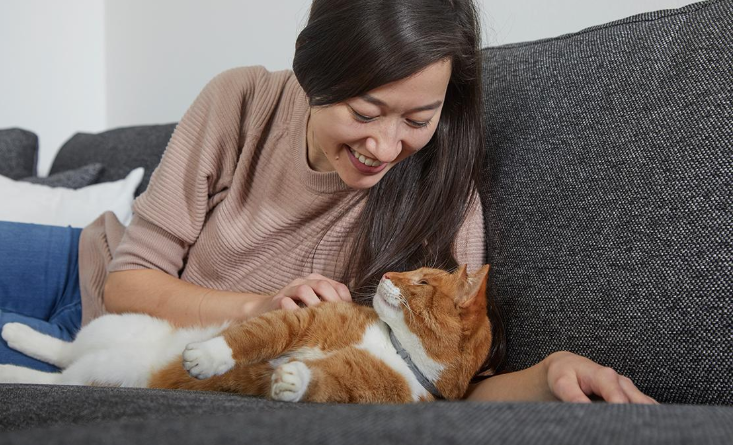 Kvinde der keler med sin kat i sofaen