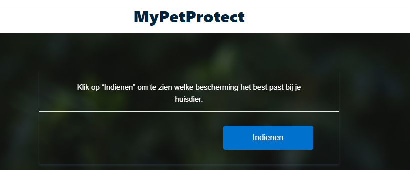 De eerste stap van de MyPetProtect quiz waar de gebruiker kiest tussen de silhouetten van een hond of een kat om de vragenlijst te starten