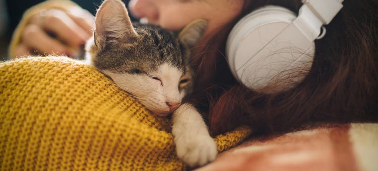 En flicka som klappar en kattunge 