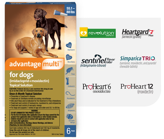 Advantage Multi for dogs product box with competitor logos