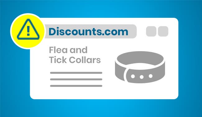 A product detail post of a Flea and Tick Collars sold on “Discounts.com” website, and a yellow warning sign on the top left