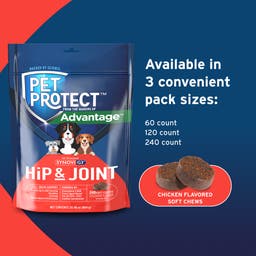 Pet protect hip & joint supplement chicken flavored soft chews for dogs is available in 3 pack sizes: 60, 120, and 240 count