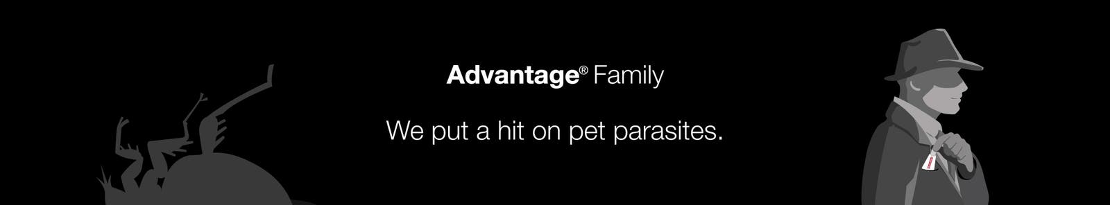 Silhouette of a man in suit, pulling out his pocket square as he walks away from the Advantage Family “We put a hit on pet parasites” slogan