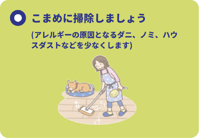 こまめに掃除しましょう（アレルギーの原因となるダニ、ノミ、ハウスダストなどを少なくします）