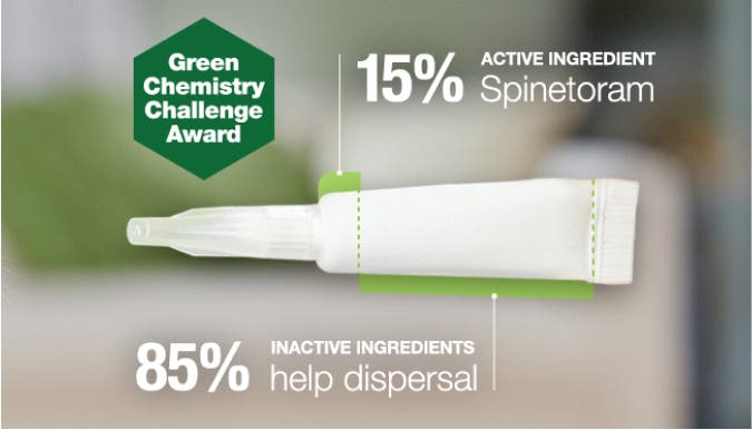 A white tube surrounded by Spinetoram stats and Green Chemistry Challenge Award sign