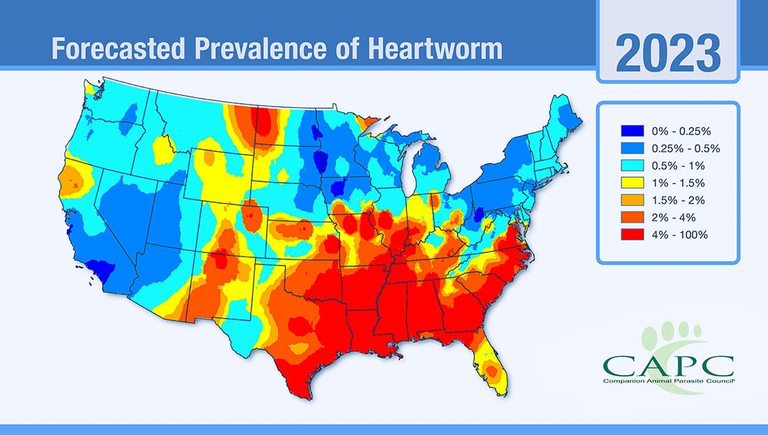 Heatmap of the United States forecasting the prevalence of heartworms in 2023