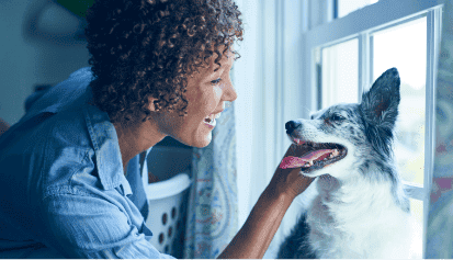 Happy dog being pet by smiling owner 