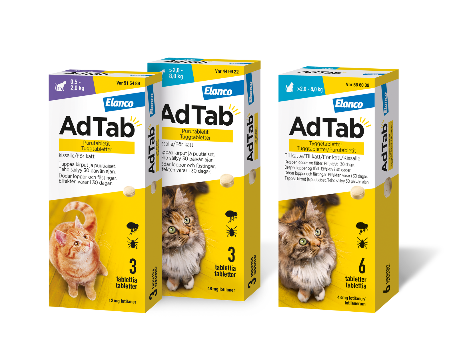 Olika förpackningar av AdTab tuggtablett för katt anpassade efter viktklasser för effektiv parasitbehandling.