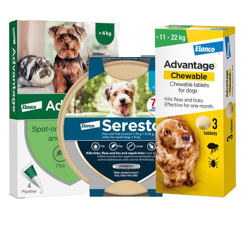 Pack shot of Advantage Chewable, Advantage Spot On, Seresto