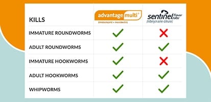 intestinal worms treatment comparison chart of Advantage Multi vs Sentinel