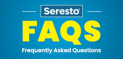 Seresto FAQs white and yellow texts overlaying a blue background