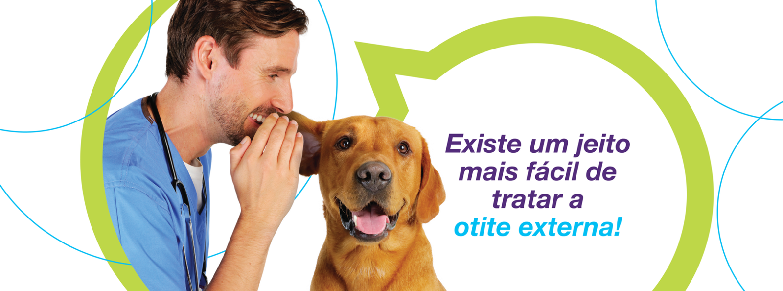 Veterinário conversando com um cachorro bem próximo de sua orelha, com uma frase ao fundo: Existe um jeito mais fácil de tratar a otite externa