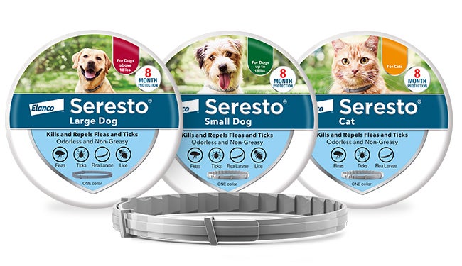 Seresto collar packaging for dogs and cats and a collar