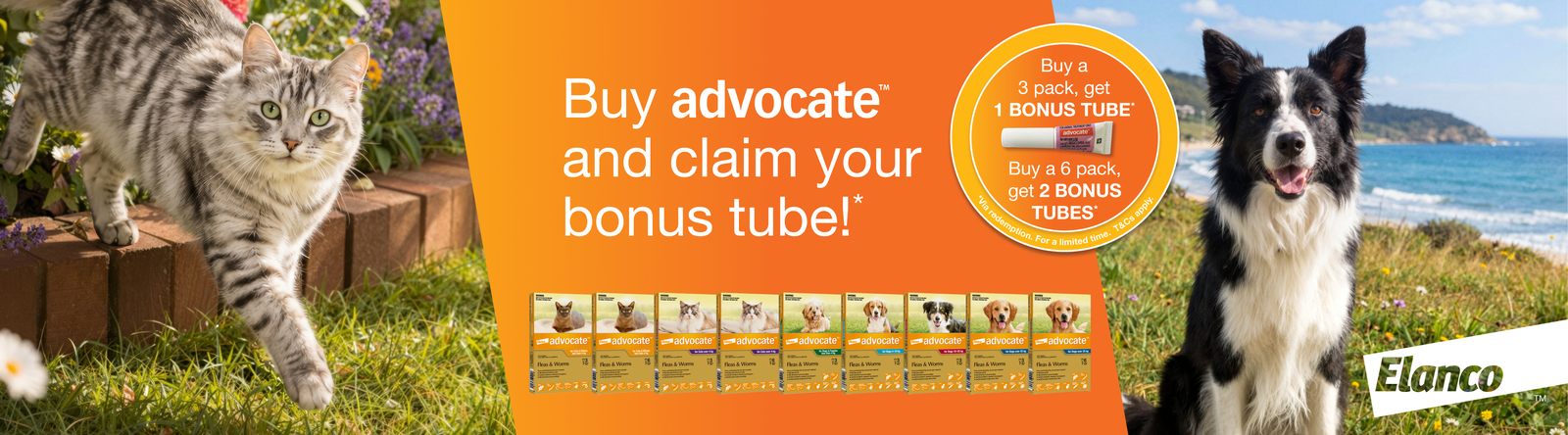 Advocate bonus tube promotion banner with photos of a cat and dog.