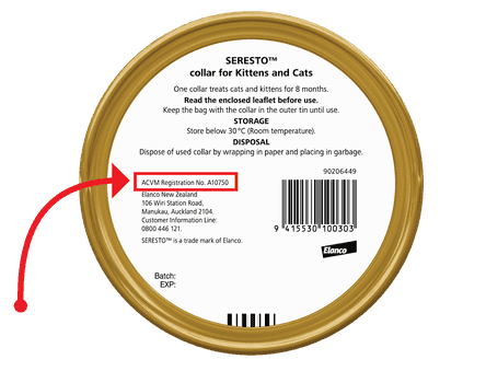 Back side of NZ Seresto tin and where to find the ACVM registration number