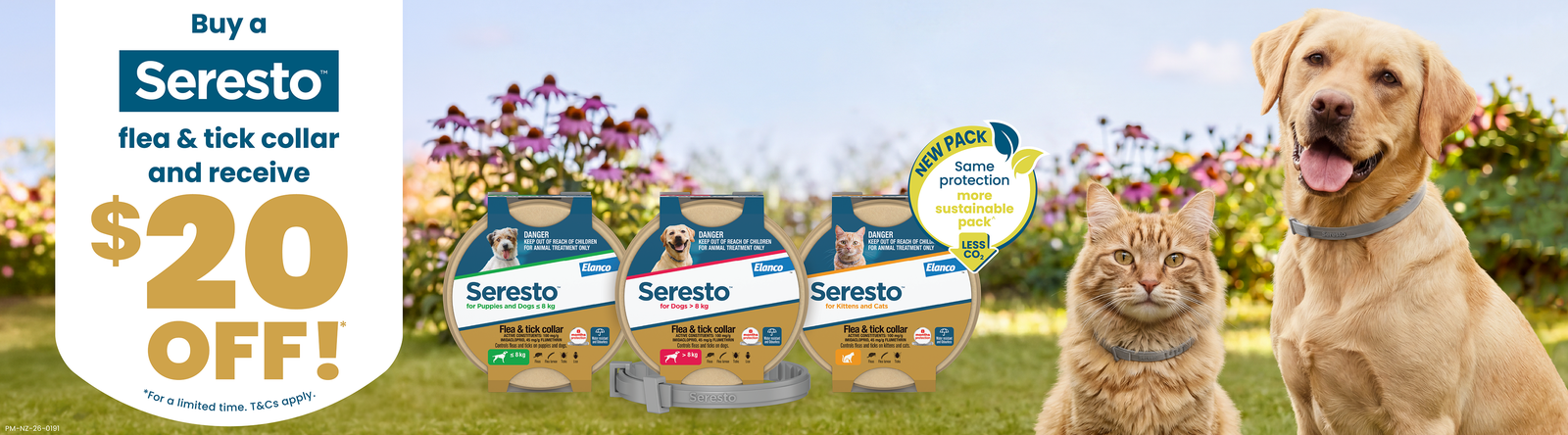 Seresto $20 Off Promotion banner image with cat and dog wearing Seresto flea and tick collars.