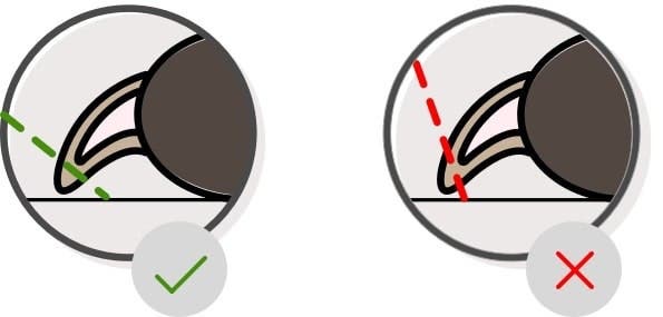 A graphic showing that you should try to clip perpendicular, not at an angle, to your dog’s nail.