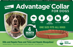 Package for Elanco's Advantage Collar for Dogs. One size fits all dogs. 4-month Protection. Kills and repels fleas and ticks and repels mosquitos.