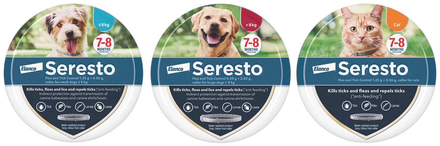 Pack shot of Seresto flea and tick control collars for dogs and cats
