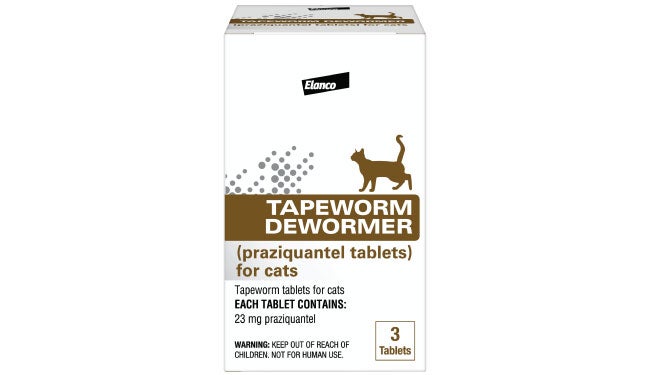 Tapeworm Dewormer for Cats packaging with a tablet 