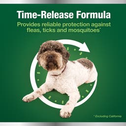 Time-release formula collar that provides reliable protection from fleas, ticks, and mosquitos for dogs. 