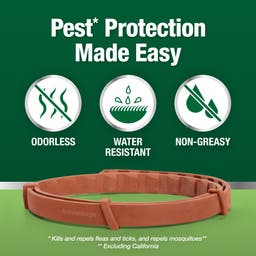 Pest protection made easy with an odorless, water-resistant, non-greasy collar for dogs.
