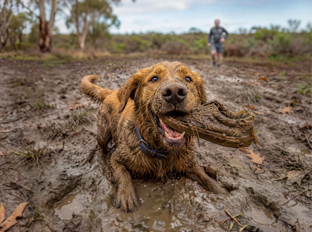 Golden Retriever chewing a shoe in the mud
