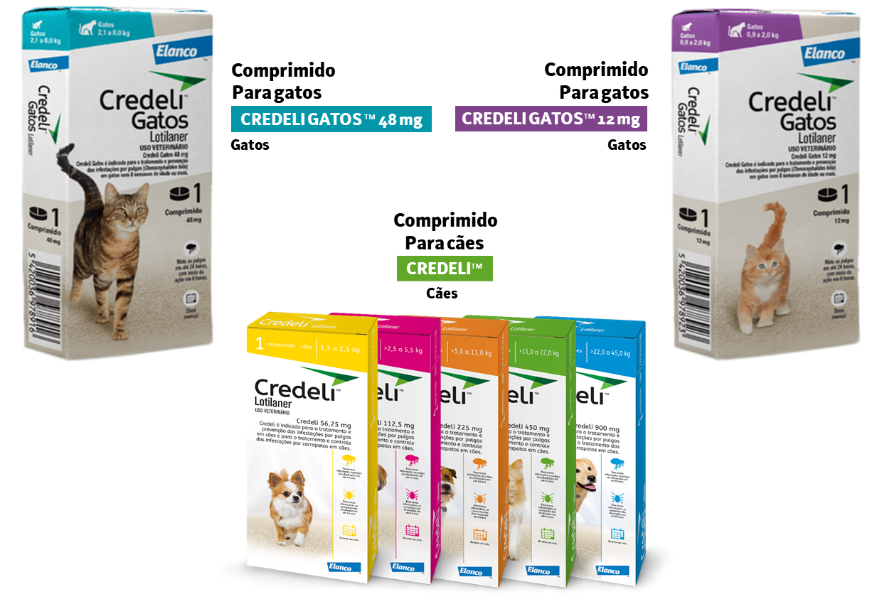 As embalagens de Credeli Gatos lado a lado, e abaixo as embalagens de Credeli Cães
