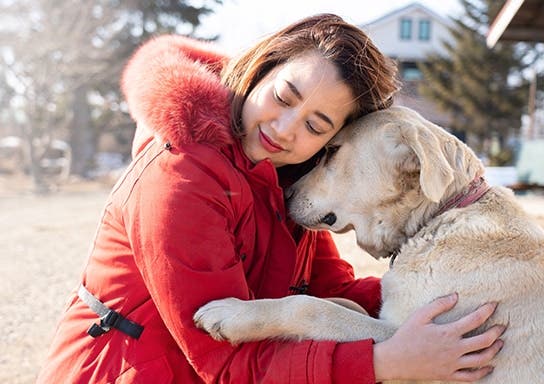 A dog and woman are hugging.