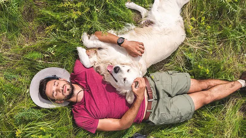 Mann liegt mit seinem Hund im Gras